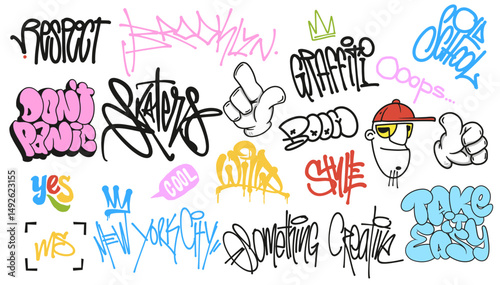 Vibrant street graffiti lettering elements in a fun cartoon style. A bold and colorful vector set with creative hand-drawn letters, perfect for urban art and hip-hop vibes.