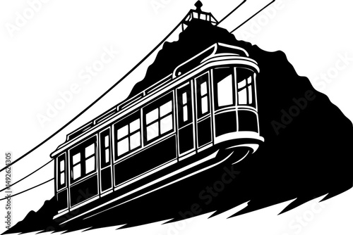 Angled side view silhouette of a san francisco cable car, cable car, san francisco, transportation, transit, vehicle, tram, streetcar, city, urban, travel, tourism, landmark, silhouette, black and whi