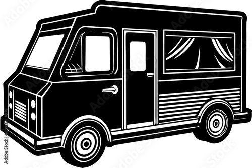 Angled side view silhouette design of a food truck with open serving window, food truck, food, truck, vehicle, mobile, street food, fast food, eatery, restaurant, cafe, catering, business, silhouette