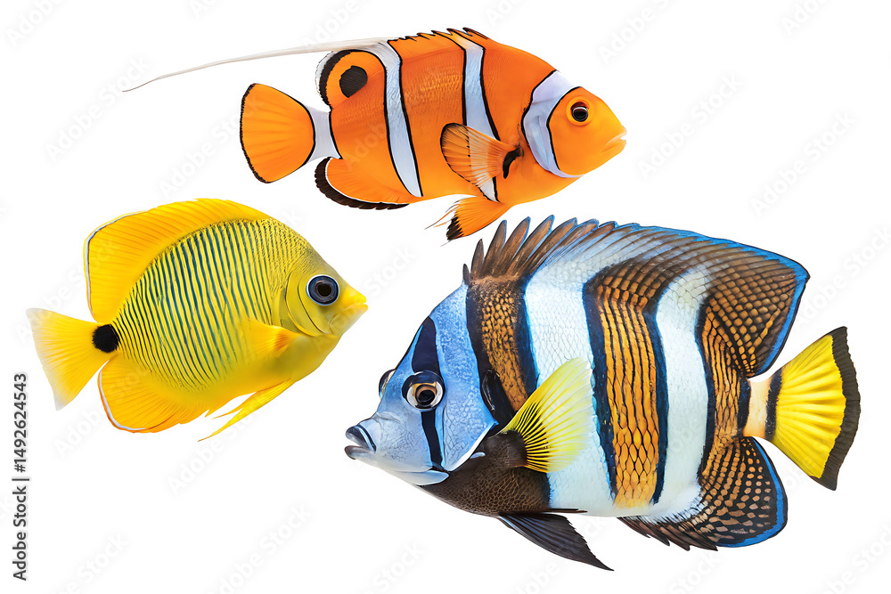 Naklejka premium Three colorful tropical fish including a clownfish and butterflyfish against white background