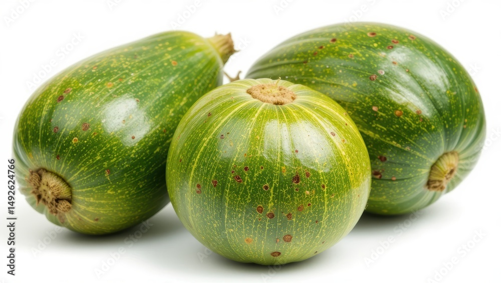 Close-Up of Fresh Green Zucchini Vegetables with Smooth Skin on White Background Close-Up of Fresh Green Zucchini Vegetables with Smooth Skin on White Background