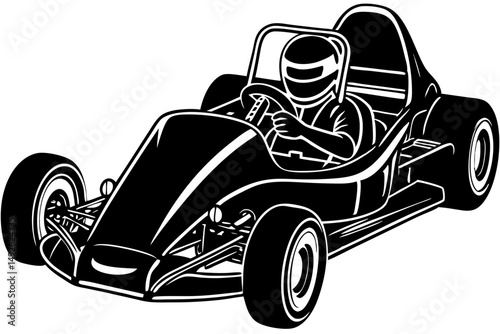 Black silhouette of a low profile go kart with driver visible, go kart, karting, racing, motorsport, vehicle, sport, driver, silhouette, black, transparent, vector, illustration, design, graphic, low 