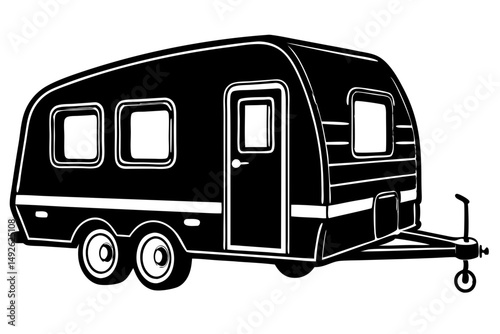 Caravan travel trailer side profile vector silhouette design isolated, caravan, travel trailer, camper, camping, rv, recreational vehicle, vehicle, trailer, side profile, silhouette, black and white, 