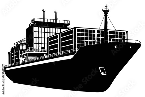 Cargo ship freighter broadside profile silhouette vector design, cargo ship, freighter, broadside, profile, silhouette, vector, design, illustration, outline, black and white, shipping, transportation