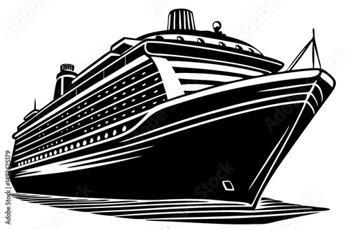 Cruise ship silhouette angled bow view of a large vessel, cruise ship, ship, vessel, boat, ocean liner, silhouette, vector, black, white, transportation, travel, vacation, sea, water, holiday, tourism
