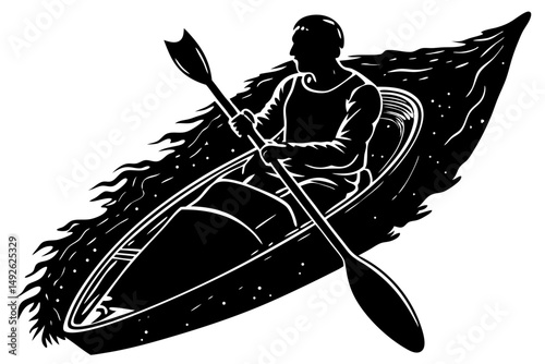 Silhouette kayaker paddling boat in overhead slight angle view, kayak, kayaker, paddling, boat, silhouette, overhead, sport, water, recreation, outdoor, activity, river, lake, adventure, travel, vecto