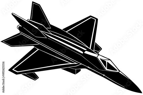 Silhouette of a modern fighter jet with sharp angled profile, fighter jet, jet, aircraft, silhouette, airplane, profile, military, warplane, vector, design, illustration, graphic, outline, black, whit