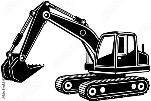 Silhouette of an excavator digger with arm extended side profile, excavator, digger, construction, machine, equipment, heavy machinery, silhouette, vector, illustration, graphic, design, black, white,