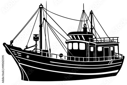 Silhouette of fishing trawler with visible rigging and side profile, fishing, trawler, boat, ship, vessel, ocean, sea, silhouette, side profile, rigging, marine, nautical, commercial fishing, industry