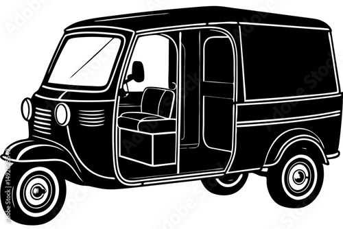 Vector silhouette of a tuk tuk auto rickshaw in three quarter front view, tuk tuk, auto rickshaw, rickshaw, three wheeler, taxi, transportation, travel, ride, vehicle, silhouette, black, white, vector