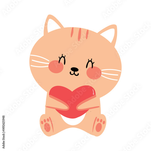 Cute drawing cartoon cute cat hugging pink heart. cute animal doodle for sticker, icon