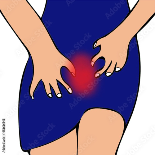 woman showing  itchy or pain gesture in reproductive part indicating reproductive health issue useful for healthcare projects.eps