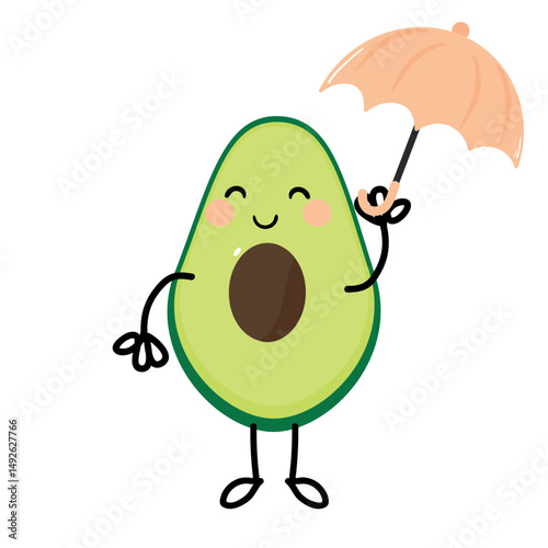 Cute drawing cartoon cute avocado carrying a pink umbrella. cute animal doodle for sticker, icon