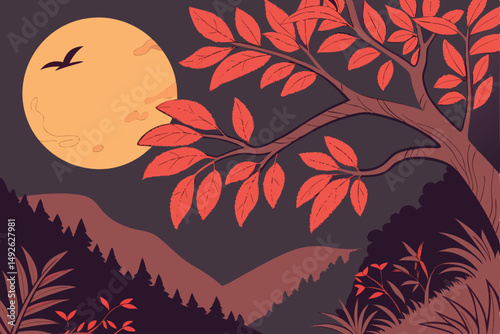 22 Trending oriental floral, vibrant red leaves, lush foliage, big orange moon, dark background, digital art, hyper-detailed, intricate, cinematic, epic, landscape, supernatural, mystical, magical rea