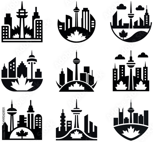 Collection of Black and White City Skyline Icons