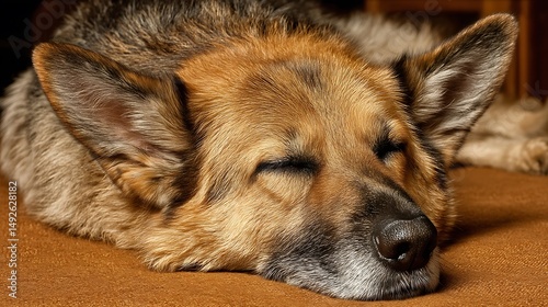 a close up shows a quadruped with tan and dark hair resting on a textured, amber surface