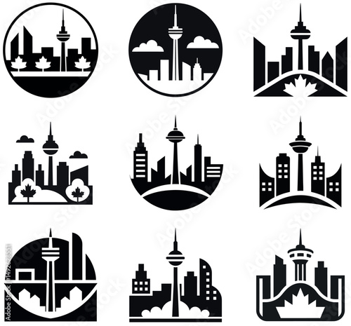 Collection of Black and White City Skyline Icons