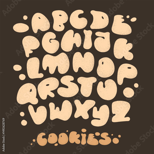Cookies alphabet on brown background. Fun cartoon-style cookie letters, perfect for kids' designs, posters, and festive illustrations
