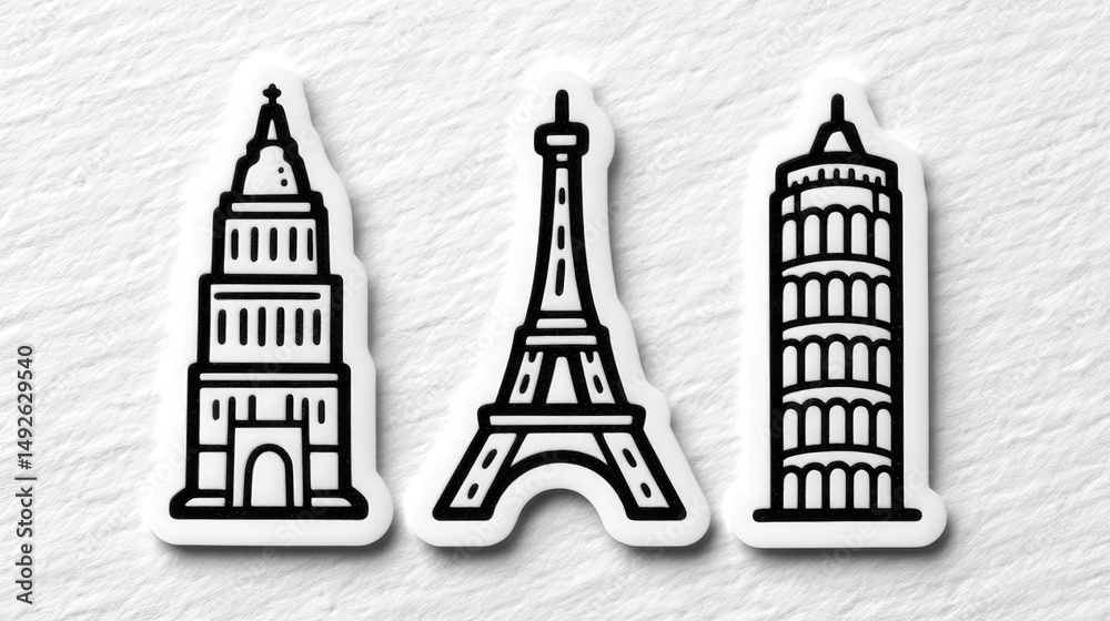 Obraz premium Iconic landmarks of the world illustrated in minimalist style featuring the Empire State Building Eiffel Tower and Leaning Tower of Pisa showcasing architectural diversity and cultural