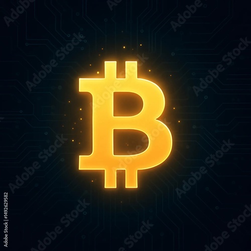 Golden Bitcoin symbol shining with glow on a dark tech background, futuristic and digital finance theme photo