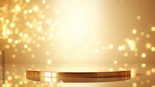 Elegant golden display podium with bokeh effect background for product presentation or celebration