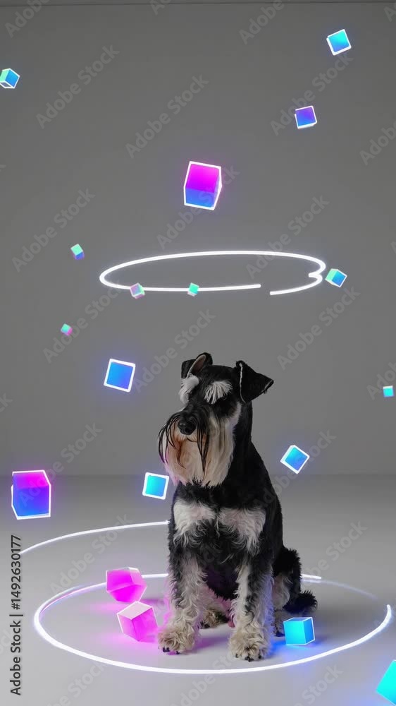 Schnauzer assis dans un décor futuriste avec cubes lumineux flottants et cercles néon

