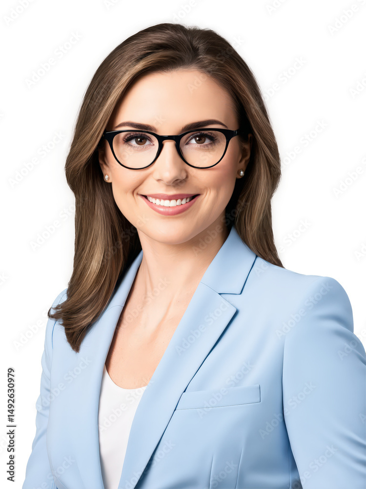 Obraz premium Portrait of a cheerful Caucasian woman with shoulder-length brown hair and glasses, dressed in a formal black business suit. Her