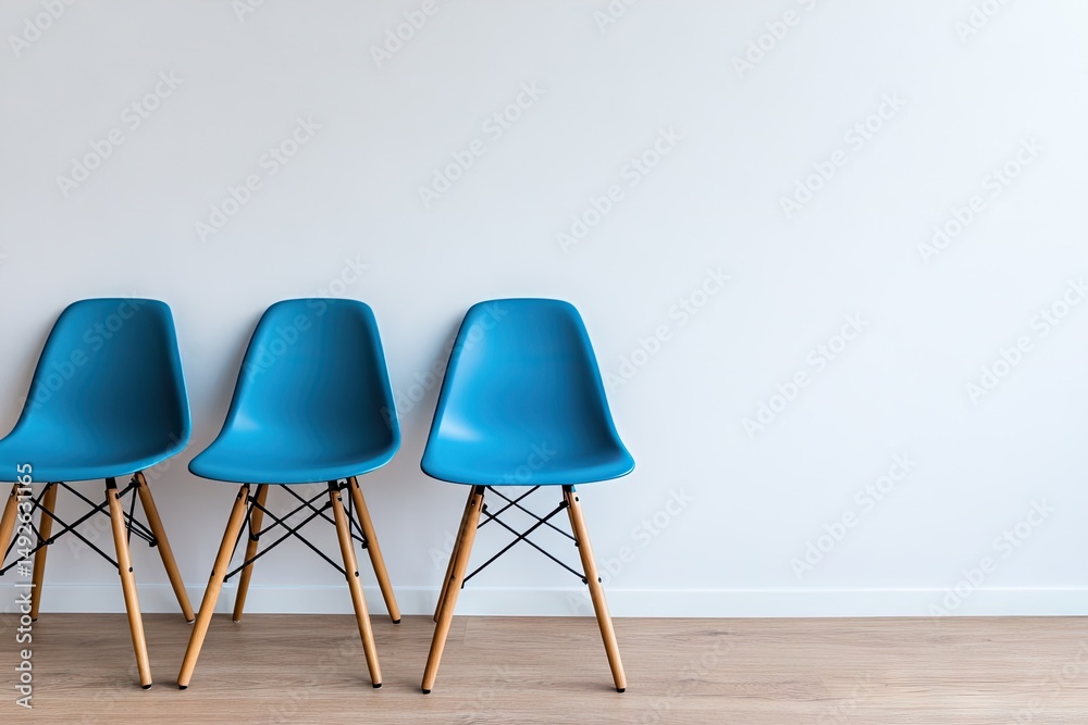 Obraz premium Three vibrant blue chairs against a plain white wall.