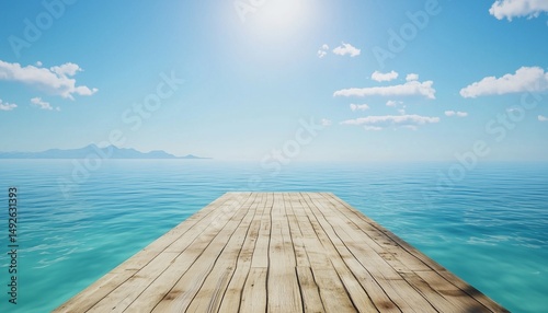 Pathway wooden pier bridge on water lake or beach with horizon water landscape