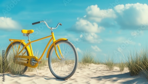Yellow bike cruiser on beach for refreshing holiday with blue sky