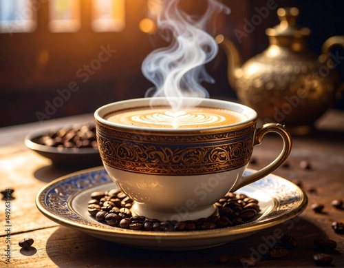 Steaming Hot Coffee Cup with Swirling Foam photo