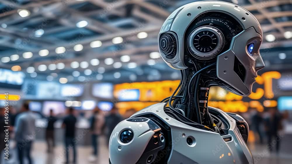 Futuristic humanoid robot stands in a busy technology convention hall scene Futuristic humanoid robot stands in a busy technology convention hall scene