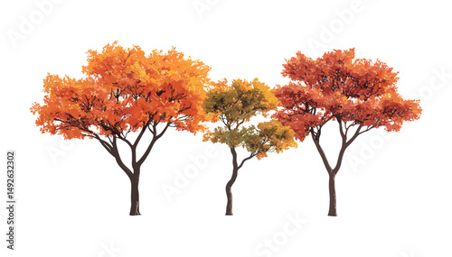 Vector illustration of Sorbus commixta, Japanese rowan in fall, isolated cutout, autumn tree set, natural environment, woodland species, seasonal flora, outdoor greenery, garden design.