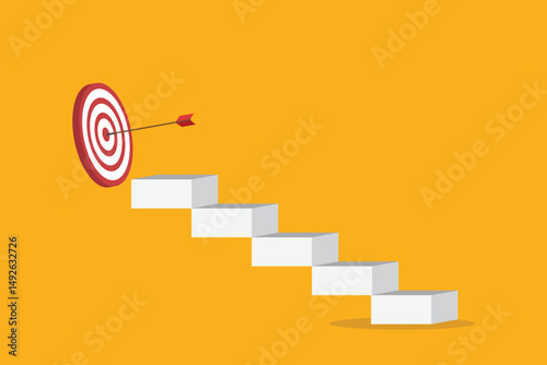 Goal, motivation to success. Climb up stairs to reach goal target on the top.