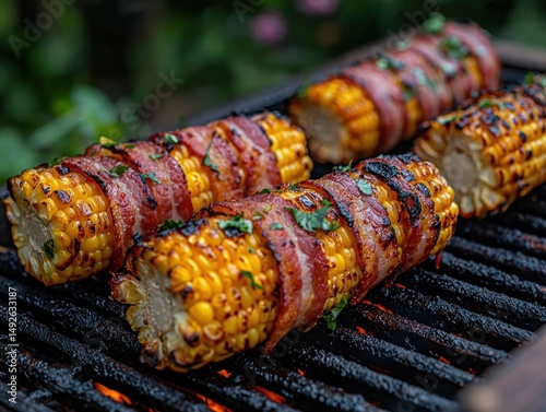 Grilled corn on the cob wrapped in bacon, garnished with herbs