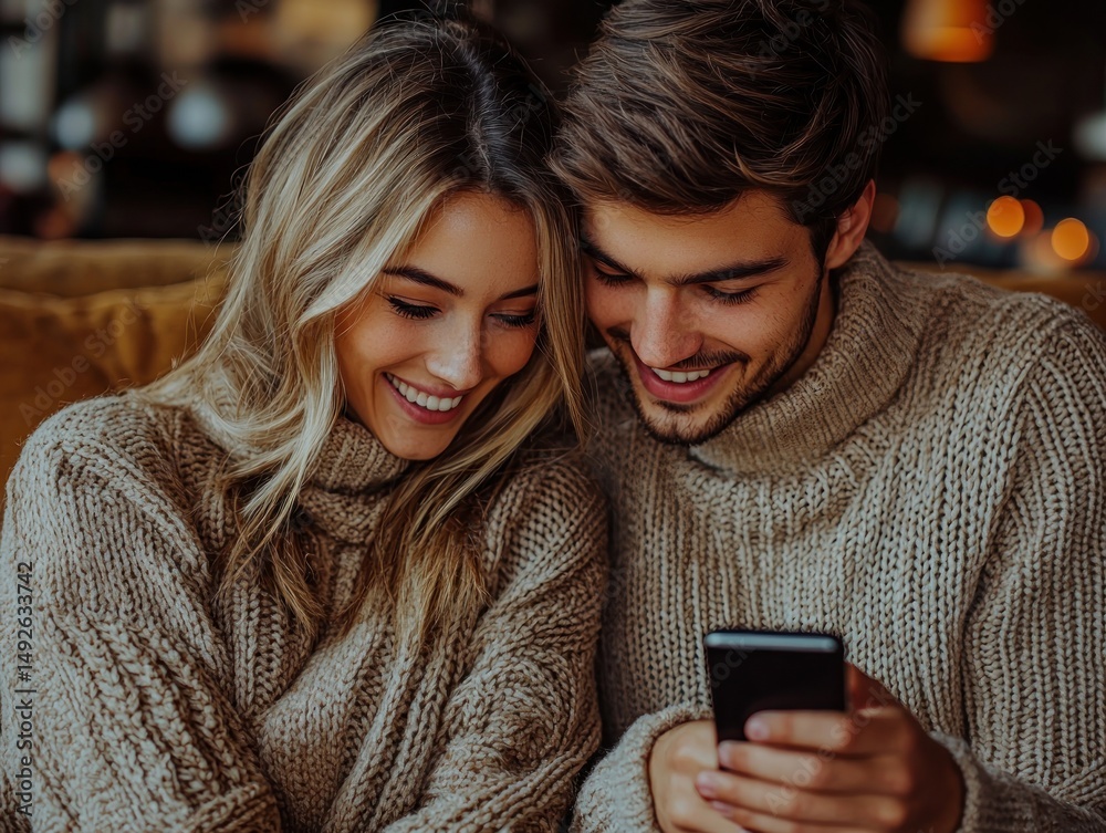 Fototapeta premium Happy couple looking at phone (1)