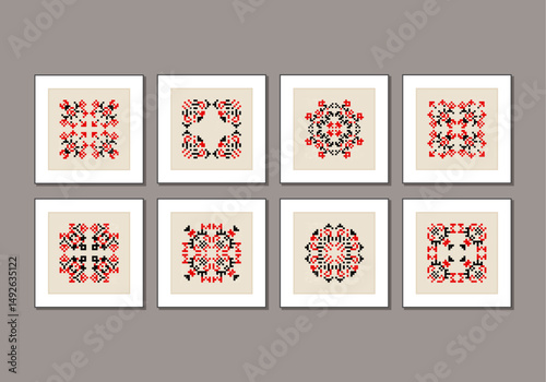 Set of traditional Ukrainian folk knitted embroidery ethnic mandala ornament vyshyvanka