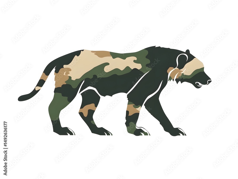 Obraz premium Military Bear in Camo Silhouette: Fierce Wildlife Illustration for Tactical Camping and Outdoor Expedition Design