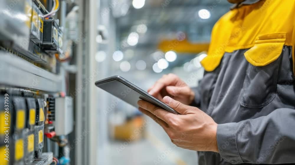 Industrial Engineer's Digital Audit: A skilled industrial engineer examines complex machinery within a high-tech facility, using a digital tablet to monitor operations and ensure optimal performance.
