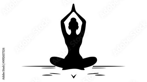 black and white shape of a woman siting in lotus form and hands in the sky, black and white silhouette of a woman sitting on the ground in yoga pose 