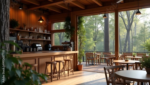 A cozy coffee shop nestled among the trees, with a warm, inviting atmosphere, rustic wooden furniture, and large windows overlooking the outdoor seating area,