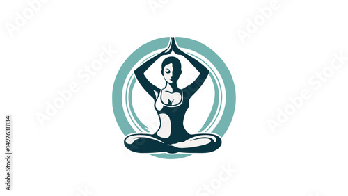 yoga woman silhouette, woman in yoga pose with hands up and on blue circle background