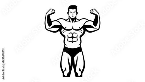 silhouette of a man showing off muscles vector illustration, black and white icon of  a person with big muscles