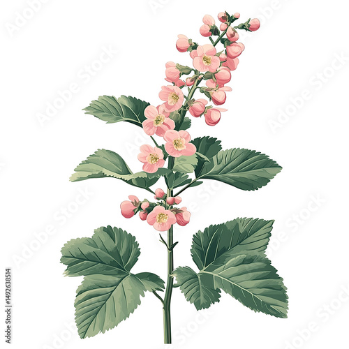 Detailed 2D Vector Illustration of a Flowering Currant Plant on White