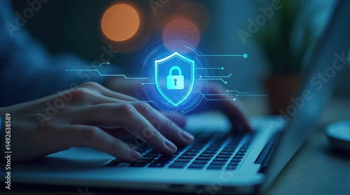 Fingers over the keyboard. Concept of secure connection and protecting data. high-tech, digital safety and innovation in the world of cyber protection