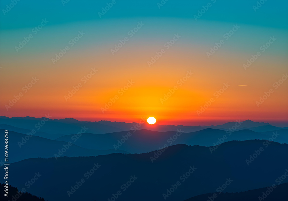 Fototapeta premium beautiful mountain sunset with orange and blue gradient sky