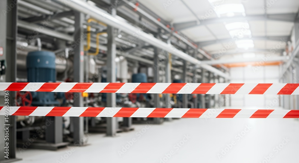 Fototapeta premium Red And White Striped Barrier Tape Over Industrial Machinery on Isolated White Background Conveying Themes of Safety and Caution in a Manufacturing Environment