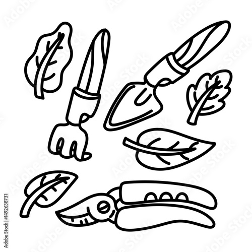 set for caring for plants. Pruning shears, rake, shovel and leaves. Doodle is monochrome isolated illustration. It is suitable for creating gardening blogs, garden products, educational materials.