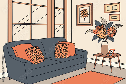 25 cozy living room, navy blue sofa, orange and leopard print throw pillows, modern vase with floral arrangement, large window with natural light, warm and inviting atmosphere
