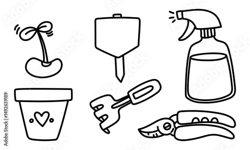 set for planting indoor plants. Clay pot, spray bottle, rake, sprout, pruner, plaque. Planting plants. The doodle collection is monochrome. It is suitable for postcards, prints, blog design, and books